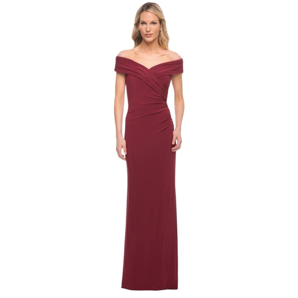 La Femme Pleated Off Shoulder‎ Jersey Gown Wine Burgundy 12